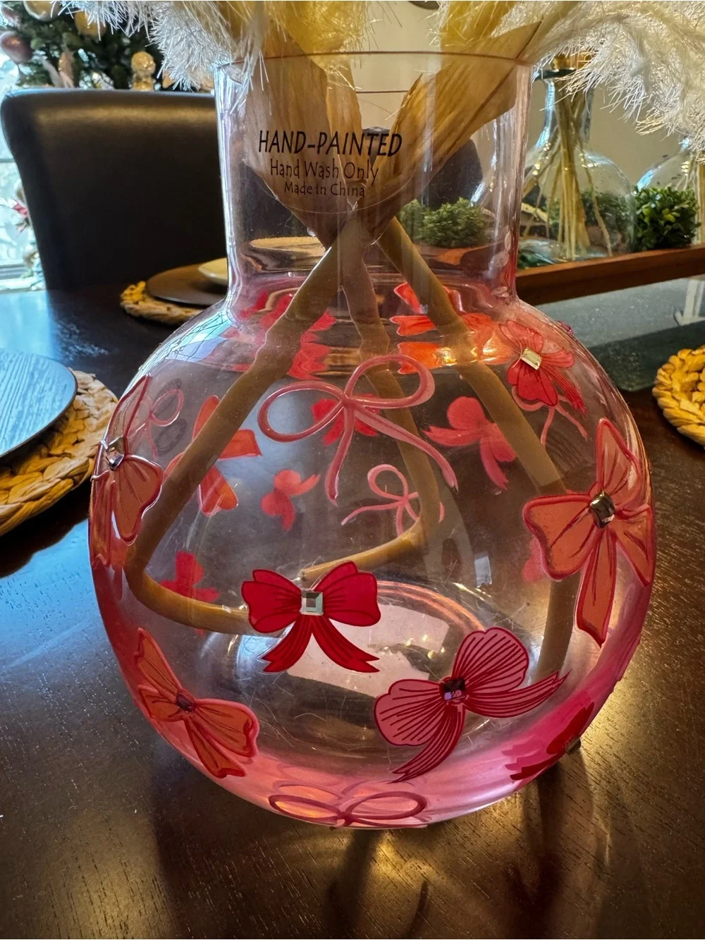 Cupcake & Cashmere pink bow Hand-Painted Pink Glass Vase with white pampas
